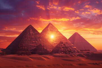 The Pyramids of Giza silhouetted against a vibrant sunrise with a golden desert landscape