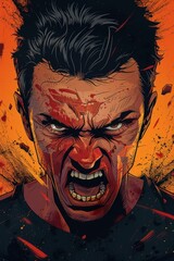 Portrait of a man screaming with blood on his face