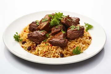 Kuwaiti machboos, a spiced rice dish with meat. White background.