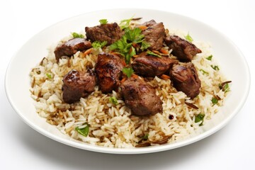 Fototapeta premium Kuwaiti machboos, a spiced rice dish with meat. White background.