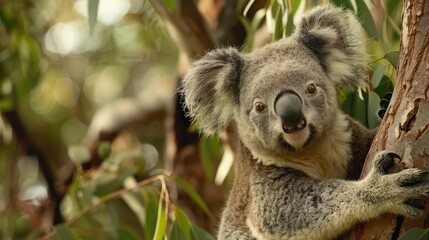 A cute portrait of an awake wild koala sitting in a tree ,A koala bear climbing an eucalyptus tree in a forest, Koala bear on the tree, close up of head and eyes, Curious Koala Clinging to Tree
