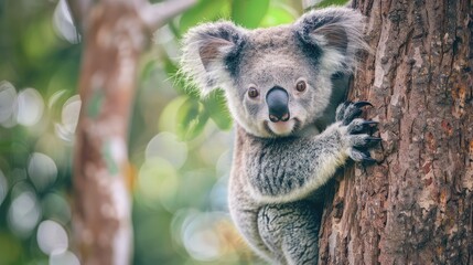 A cute portrait of an awake wild koala sitting in a tree ,A koala bear climbing an eucalyptus tree in a forest, Koala bear on the tree, close up of head and eyes, Curious Koala Clinging to Tree

