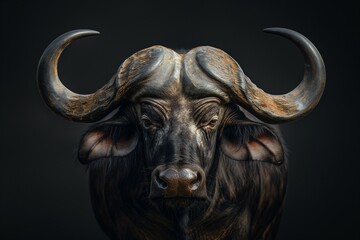 Naklejka premium Majestic African buffalo close up portrait isolated on dark black background with dramatic lighting. Horizontal. Space for copy. 