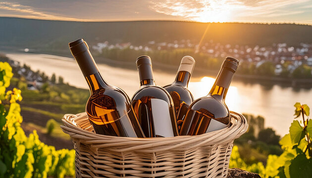 Ein Korb voller Weinflaschen &uuml;ber dem Rheintal in der Region Oberer Mittelrhein, bei Sonnenuntergang in der golden hour, in einem Weinberg zwischen den Rebst&ouml;cken. 