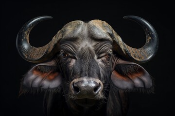 Naklejka premium Majestic African buffalo close up portrait isolated on dark black background with dramatic lighting. Horizontal. Space for copy. 