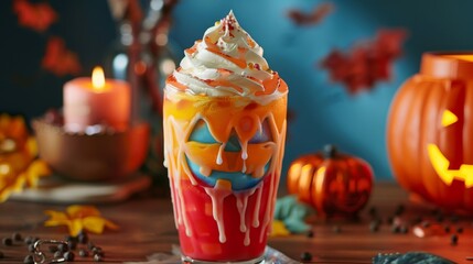 Detailed shot of a Halloween-themed cold drink with whipped cream, jack o'lantern face in vibrant colors