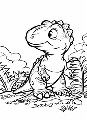 a cartoon dinosaur standing in the grass with a bird flying above