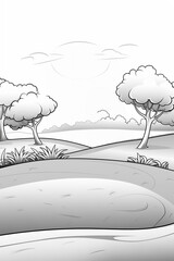 cartoon landscape with trees and a river in the middle