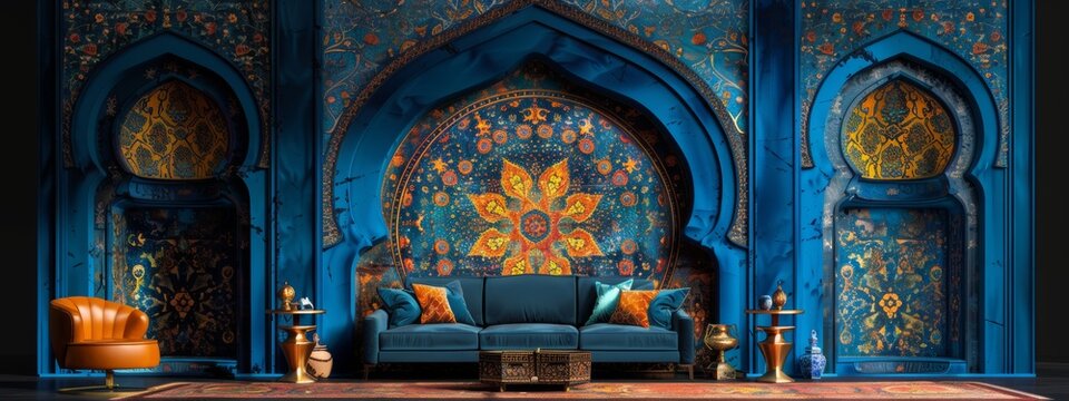 Fototapeta Cultural fusion as traditional arab patterns merge with contemporary design, creating a stunning visual representation of the past and present. blue styl