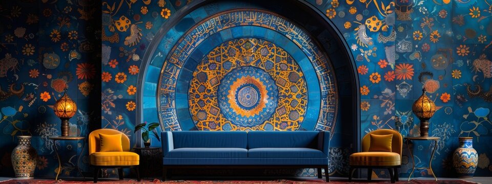 Fototapeta Cultural fusion as traditional arab patterns merge with contemporary design, creating a stunning visual representation of the past and present. blue styl