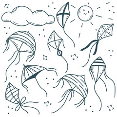 Kite doodle sketch set. Cute flying toy, ink line, isolated vector graphic
