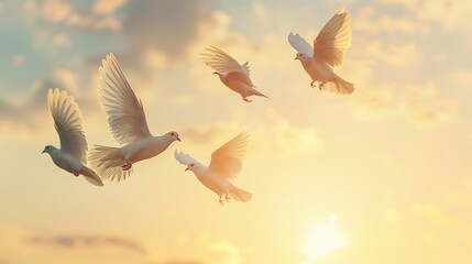 Flock of white birds flying at sunset in the background. Concept of freedom and peace - Powered by Adobe