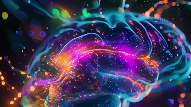 A brain scan image revealing colorful streaks of neural connections that have been altered and enhanced through genetic engineering..