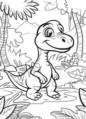 a cartoon dinosaur standing in the jungle with trees and plants