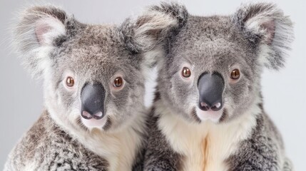 Close up of two cute koalas on a white background.