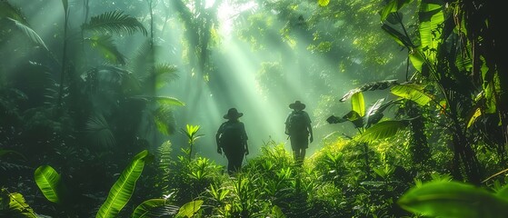 Obraz premium Hikers navigating a trail through a dense forest, with sunbeams breaking through the canopy, Outdoor, Digital, Cool greens, Peaceful and immersive