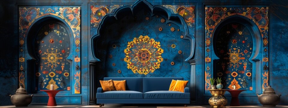 Fototapeta Cultural fusion as traditional arab patterns merge with contemporary design, creating a stunning visual representation of the past and present. blue styl