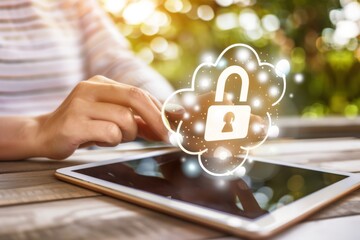 Finger pointing to digital lock on cloud interface highlights advanced cybersecurity measures