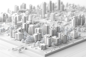 A highly detailed 3D model of a cityscape in pristine white, showcasing buildings, streets, and infrastructure with intricate precision.