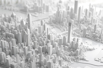  A highly detailed 3D model of a cityscape in pristine white, showcasing buildings, streets, and infrastructure with intricate precision.