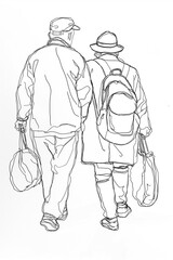 drawing of two people walking with bags and a backpack