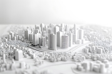  A highly detailed 3D model of a cityscape in pristine white, showcasing buildings, streets, and infrastructure with intricate precision.