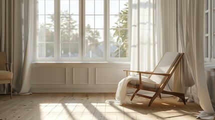 Chair in front of window with white curtains. The room is bright with sunlight coming in through...