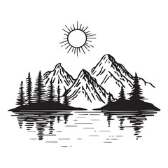 Cartoon line art mountains and lake landscape, black vector illustration on white background