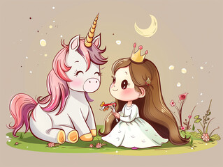 cartoon unicorn and princess sitting on the grass