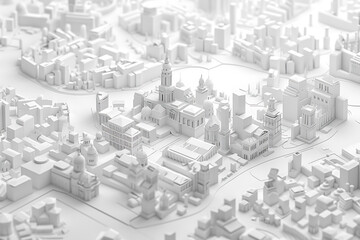 A highly detailed 3D model of a cityscape in pristine white, showcasing buildings, streets, and infrastructure with intricate precision
