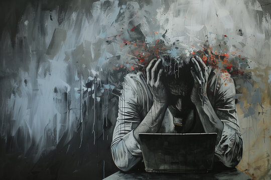 An image of a person experiencing trauma looking at laptop, blackmail, extortion or revenge porn, despairing with head in hands, horizontal landscape 16:9 format with copy space
