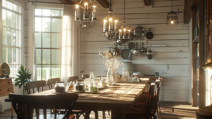 Farmhouse dining room with a reclaimed wood table, mason jar chandeliers, and a shiplap accent wall.  - Powered by Adobe