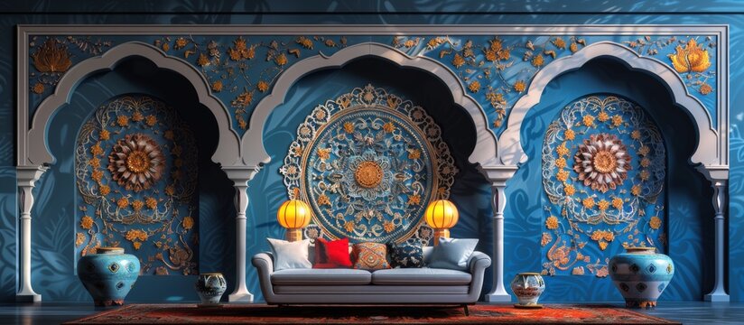 Fototapeta Cultural fusion as traditional arab patterns merge with contemporary design, creating a stunning visual representation of the past and present. blue styl