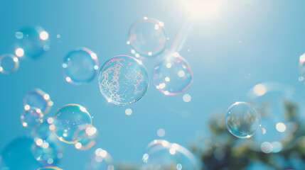 bubbles floating in the air with a blue sky in the background