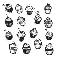 Cupcake doodle design set, black vector illustrations on white background