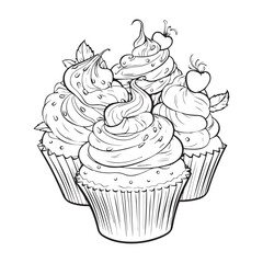 Cupcakes doodle design, black vector illustration on white background