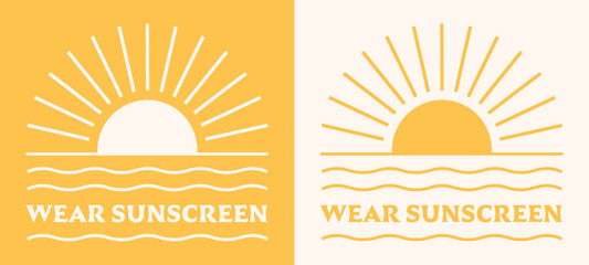 Wear sunscreen reminder sun spf protection lettering boho retro yellow aesthetic. Ocean beach skin care minimalist logo illustration text for dermatologist shirt design clothing and print vector.