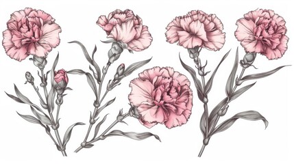 Vintage drawing of carnation flowers pattern sketch.
