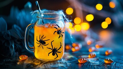 Creepy Halloween drink in a glass jar, with gummy spiders and a glowing straw, eerie lighting