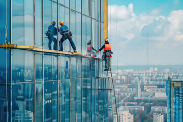 Workers wash the windows of a skyscraper from the outside. AI generative