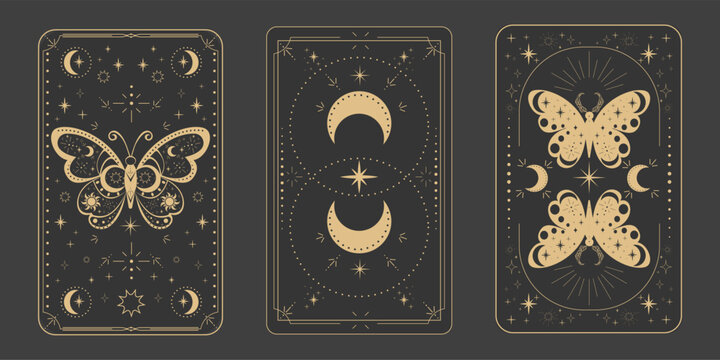 Tarot reverce border magic sacred cover card frame gold line border celelstial mystery esoteric decoration with moth stars and moon on dark background.