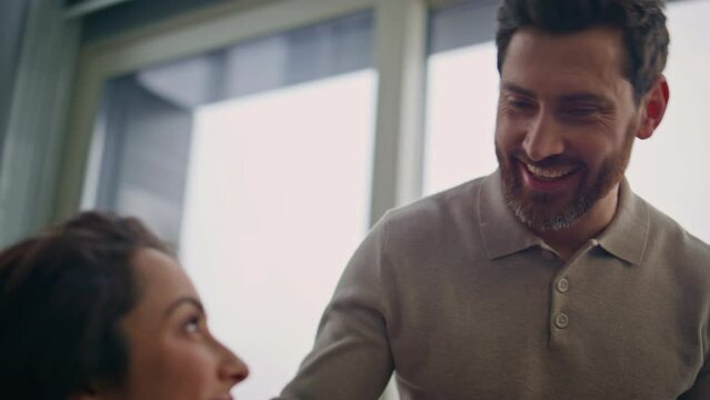 Relaxed brunette dreaming kitchen closeup. Happy man pouring coffee espresso