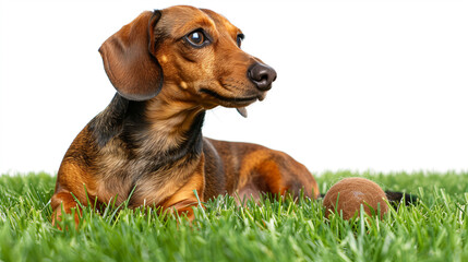 there is a dog that is laying in the grass with a ball