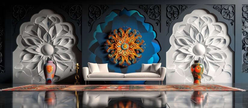 Fototapeta Cultural fusion as traditional arab patterns merge with contemporary design, creating a stunning visual representation of the past and present. blue styl