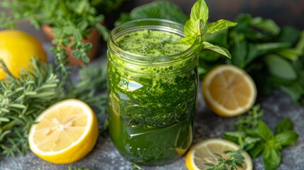 Cold-pressed green juice in a mason jar, with a background of fresh herbs and lemon slices