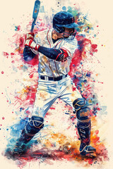 A baseball player is swinging a bat in a colorful background