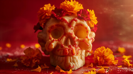 there is a skull with flowers on it on a red surface