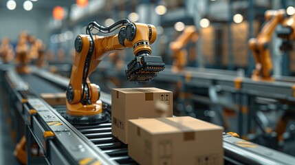 industrial robot arm grabbing the cardboard box on roller conveyor rack with storage warehouse background stock image