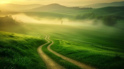 Fototapeta premium Rolling green fields shrouded in misty light at dawn