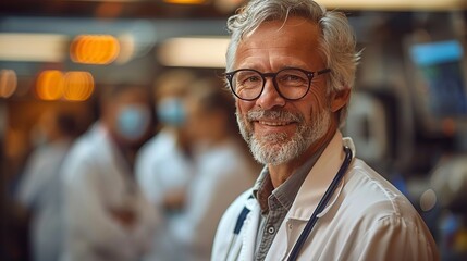 portrait of a smiling mature doctor in front of team in hospital stock photo